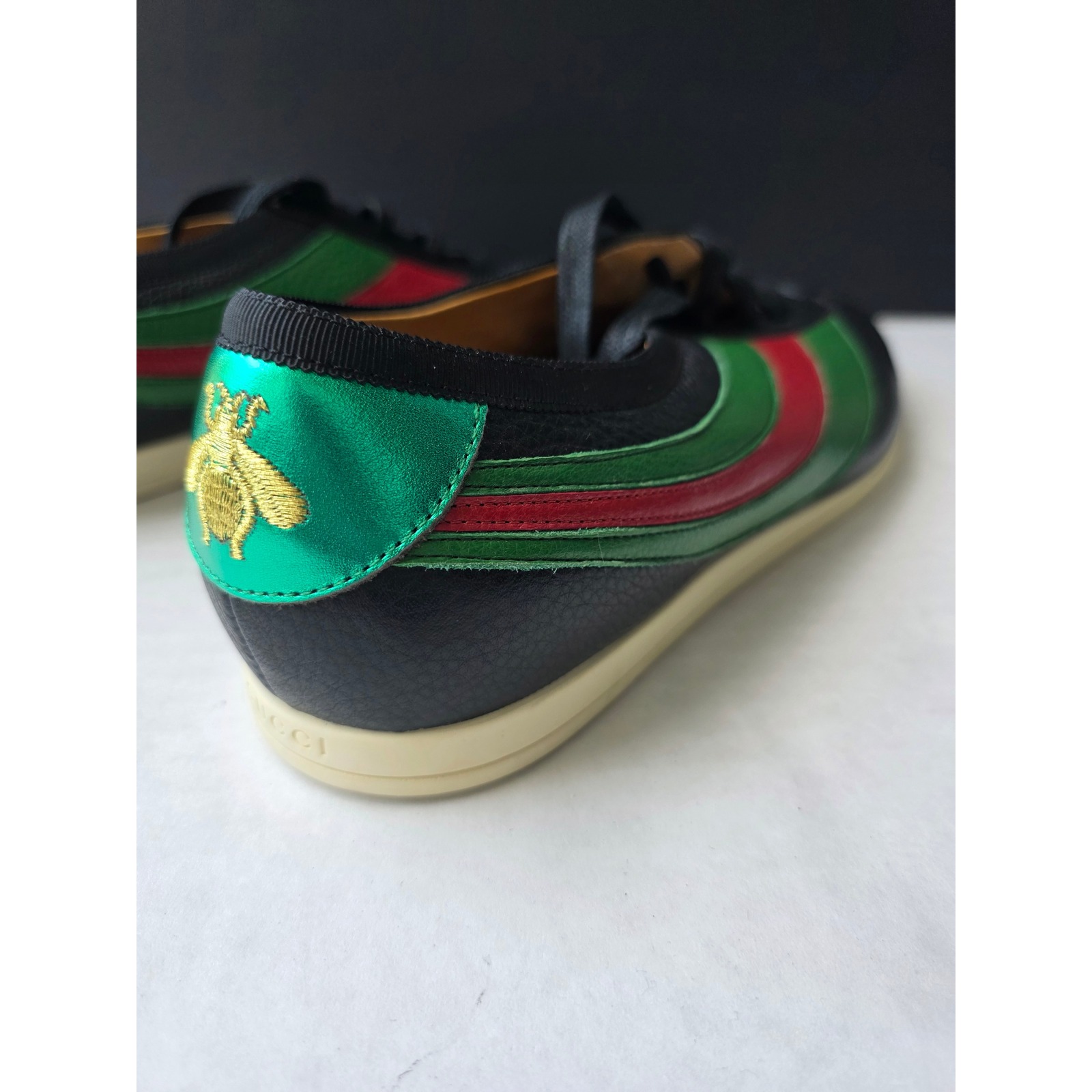 New Gucci Mens Black Falacer Web Bee Leather Sneakers Low Top Size 10 Italy